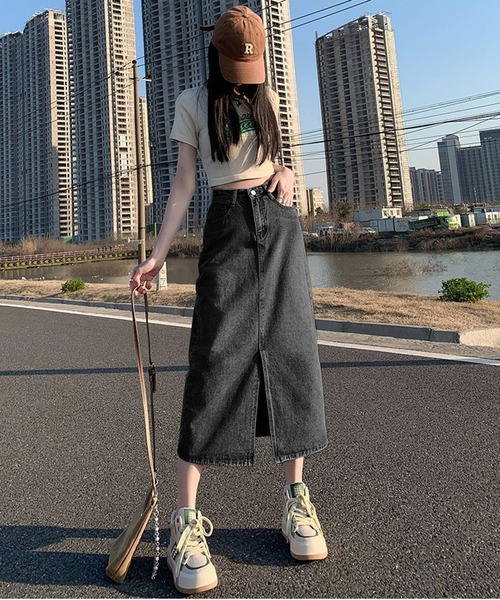 デニムスカート フロントスリット デニム タイト ロングスカート