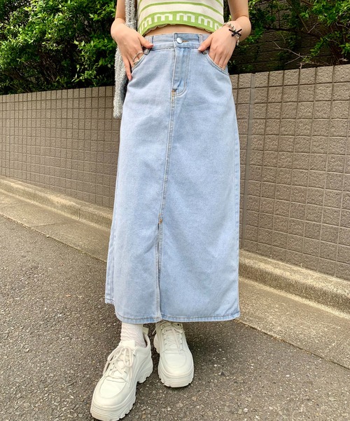 デニムスカート フロントスリット デニム タイト ロングスカート