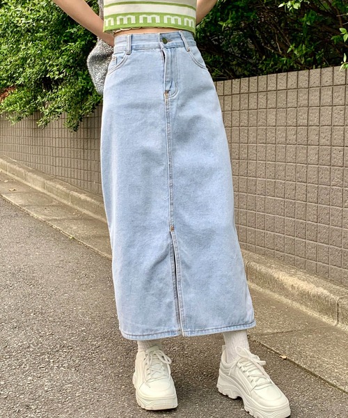 デニムスカート フロントスリット デニム タイト ロングスカート