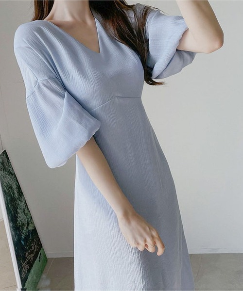 MAISON DE THERESE ワンピース Vネックパフスリーブシフォン