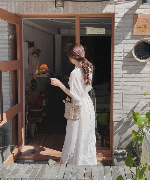 MAISON DE THERESE ワンピース Vネックパフスリーブシフォン