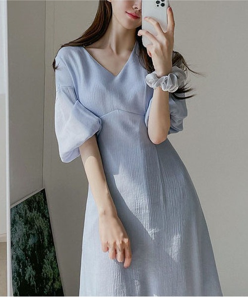 MAISON DE THERESE ワンピース Vネックパフスリーブシフォン