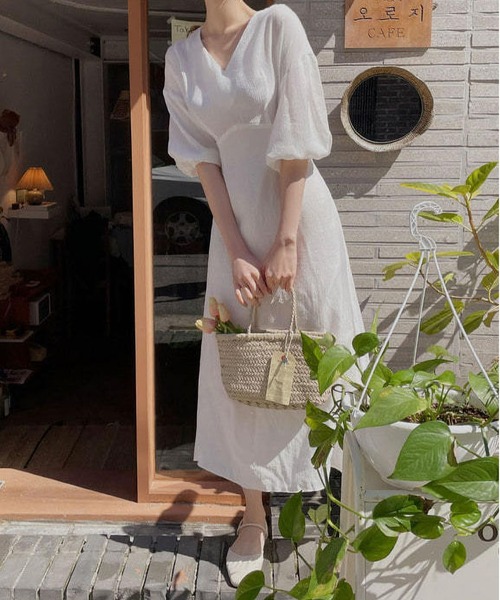 MAISON DE THERESE ワンピース Vネックパフスリーブシフォン
