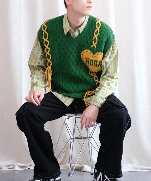 ベスト ジレ HOOK -original- ハートパッチ編み上げニットベスト
