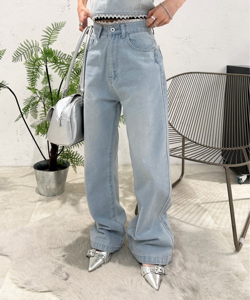 monepine レースドッキングデザインデニムパンツ lace docking design denim pants/レースドッキングデザイン