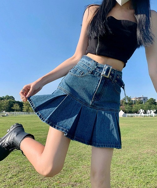 ベルト付きデニムミニスカート SPINNS デニムスカート ベルト付き デニムミニスカート/スカパン
