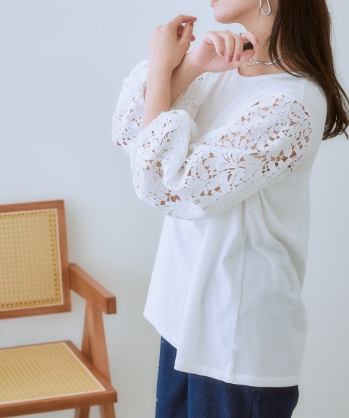 SMILELAND tシャツ 「大きいサイズ」 袖レースデザインカットソープル