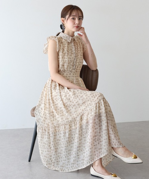 BLUEEAST ワンピース シフォンプリントフリルワンピース