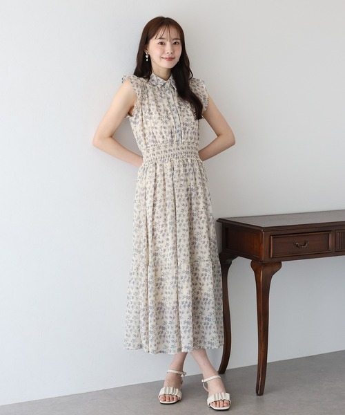 BLUEEAST ワンピース シフォンプリントフリルワンピース