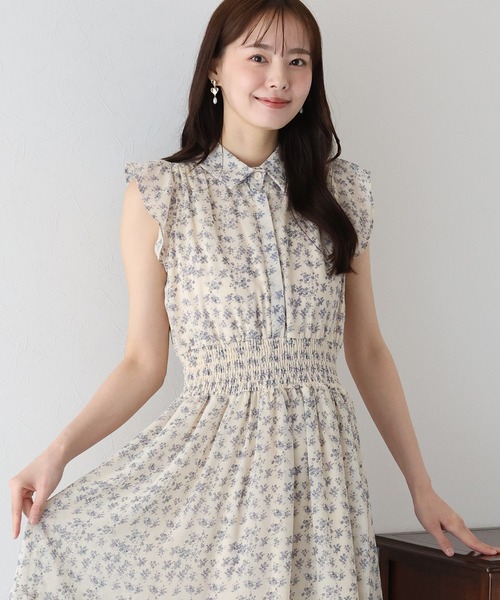 BLUEEAST ワンピース シフォンプリントフリルワンピース