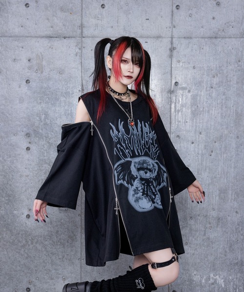 Amilige tシャツ DEVIL BEARプリントロングZIPTシャツ