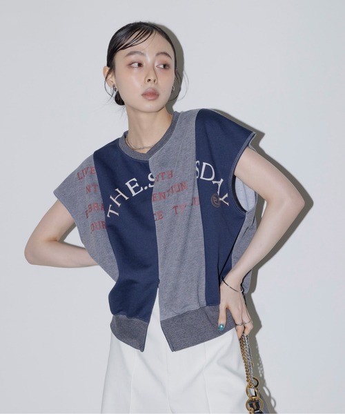 tシャツ リメイクロゴ配色スリットミニ裏毛トップス レディース