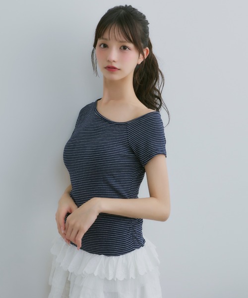 tシャツ ボーダーフリルトップス レディース ボーダー tシャツ 春 夏 秋 レディース カットソー 五分袖 半袖