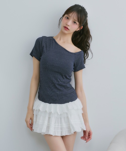 tシャツ ボーダーフリルトップス レディース Tシャツ ラッパ袖 ボーダー柄 フリル 黒 白 レディース トップス
