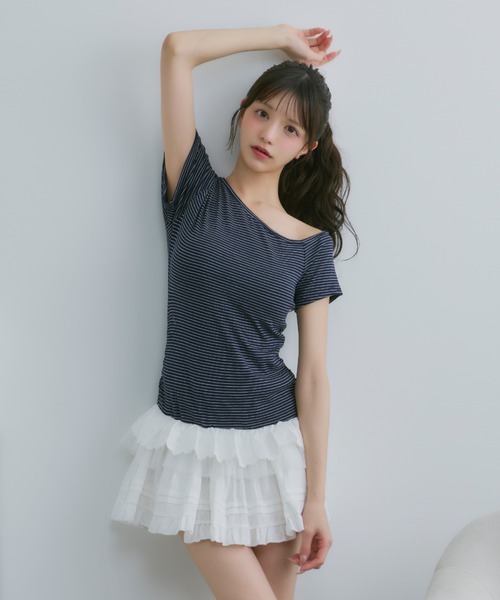 TITTY＆CO. tシャツ フリルレイヤードボーダーT レディース