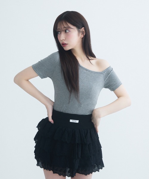 tシャツ ボーダーフリルトップス レディース TITTY＆CO. tシャツ フリルレイヤードボーダーT レディース