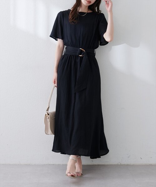 natural couture ワンピース 「WEB限定」フレア袖太ベルトワンピース
