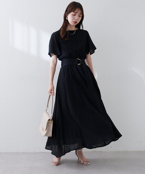 natural couture ワンピース 「WEB限定」フレア袖太ベルトワンピース