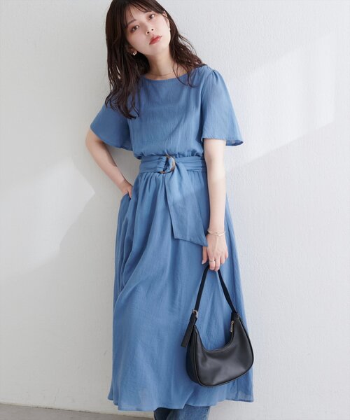 natural couture ワンピース 「WEB限定」フレア袖太ベルトワンピース