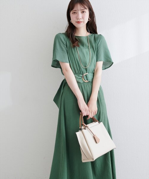 natural couture ワンピース 「WEB限定」フレア袖太ベルトワンピース