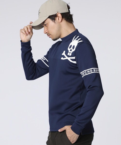 【タグ付未使用】PGG シャドーロゴ 長袖 モックネックシャツ ホワイト 5 Psycho Bunny（サイコバニー） tシャツ 「GOLF」ラインスリーブロゴ