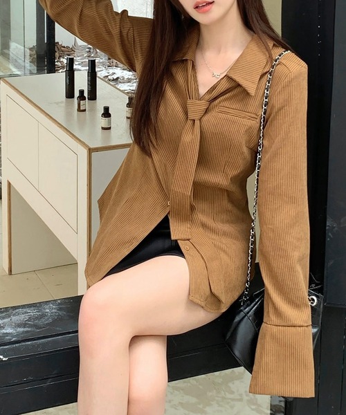 ブラウス シャツ ネクタイ付き ストライプシャツ/韓国 長袖シャツ レディース | lulufa | 05