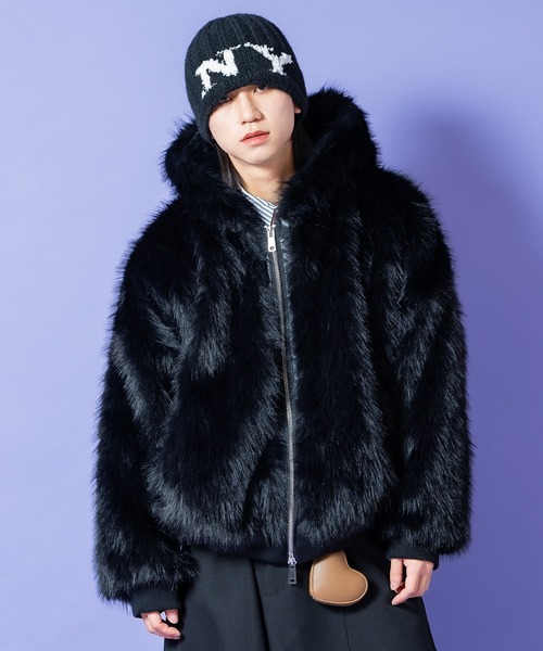 ブルゾン アウター a.p.o.v. 総ファーリブ切替オーバーサイズフード