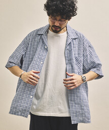 ギローバー ｜美品 シップス別注 シアサッカー オープンカラーシャツ 刺繍ロゴ HINSON シャツ 半袖 HINSON/ヒンソン シアサッカー オープンカラー