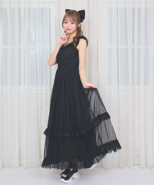 新品✨スーパービューティー　ロングワンピース　フリル　チュール　40 ブラック LAFARY（ラファリー） ワンピース チュールフリルロングワンピース