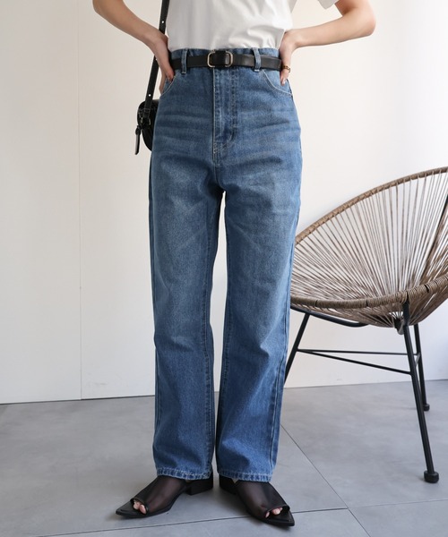 メクル　デニムパンツ　ハイウエスト　ジーンズ　ストレート　綿100% 濃紺S sakishimatokyo ジーンズ デニム デニムパンツ ストレートデニム