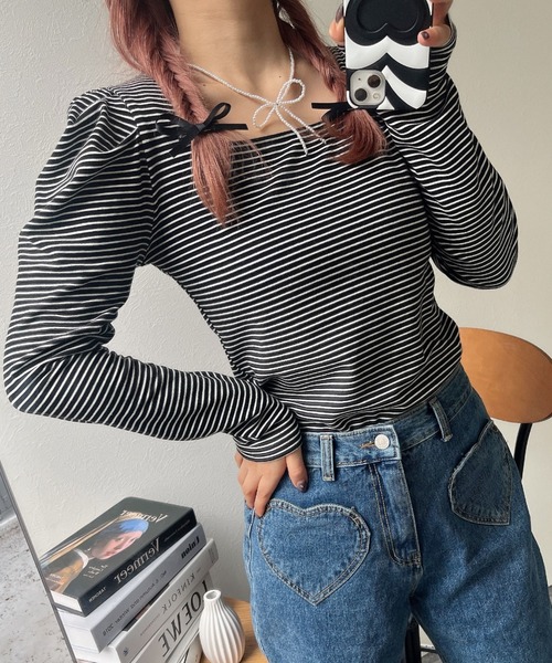 LACーVERT tシャツ スクエアネックパワショルボーダートップス