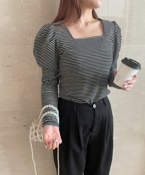 tシャツ Tシャツ 半分袖スクエアパワショルT ボーダーT トップス レディースファッション tシャツ Tシャツ 半分袖スクエアパワショルT ボーダーT トップス