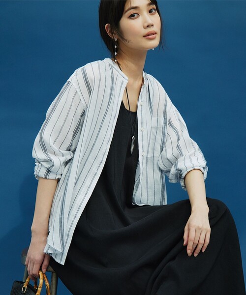 ブラウス シャツ 「洗える」LIBECO バンドカラー レディース