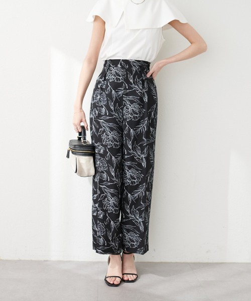 natural couture パンツ ブッチャー線画花柄タックパンツ レディース