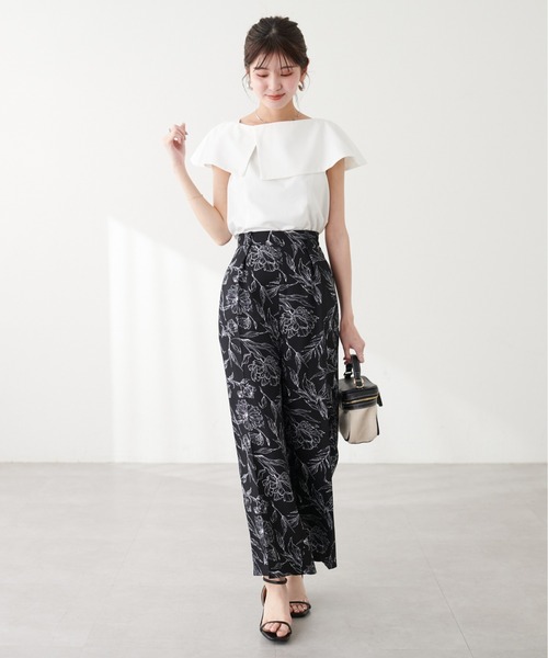natural couture パンツ ブッチャー線画花柄タックパンツ レディース