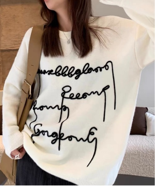 Sibra ニット セーター ドローイングロゴルーズニットトップス