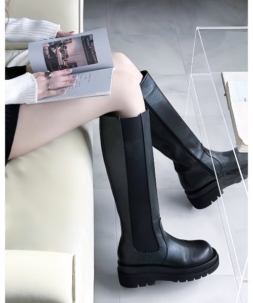 【美品】ハイアンド サイドゴア バックジップ ベーシック ロング ブーツ レザー ブーツ サイドゴアジップアップロングブーツ レディース : ZOZOTOWN