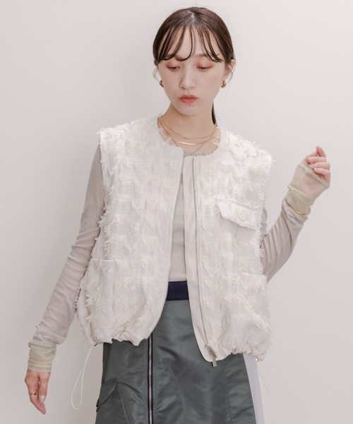 ベスト ジレ ツィードリボンジャガード ドロストジレ レディース Eimee Law ベスト ジレ ツィードリボンジャガード ドロストジレ