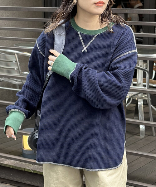 tシャツ リブ配色ステッチワッフルプルオーバー レディース メンズ
