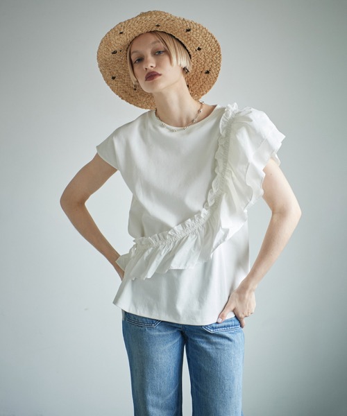 みゆっちママ　美品　ROSE BUD ドッキングフリルカットソー　半袖 ROSE BUD tシャツ ドッキングフリルカットソー レディース