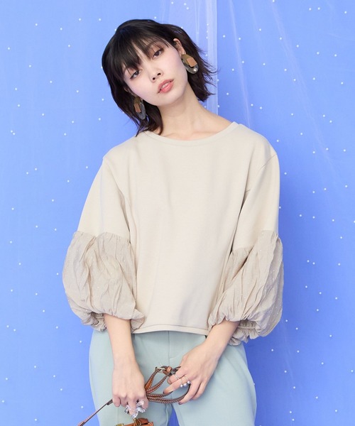 tシャツ 「JETSET SOLO PLUS」シャイニーストーンボリュームスリーブカットソー レディース