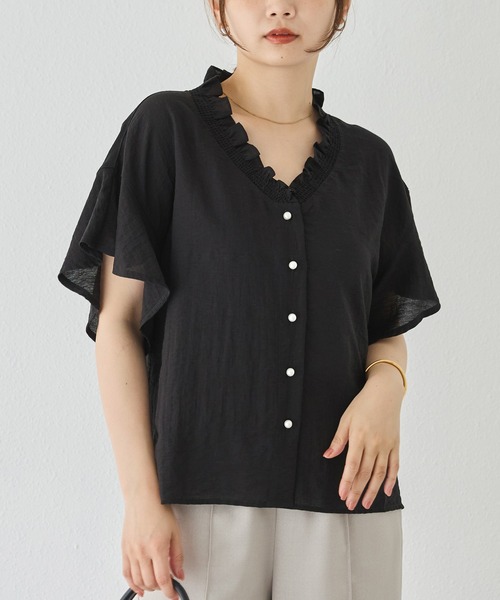ブラウス シャツ 「洗える」リネンフリルブラウス レディース LAVEANGE ブラウス シャツ 「洗える」リネンフリルブラウス