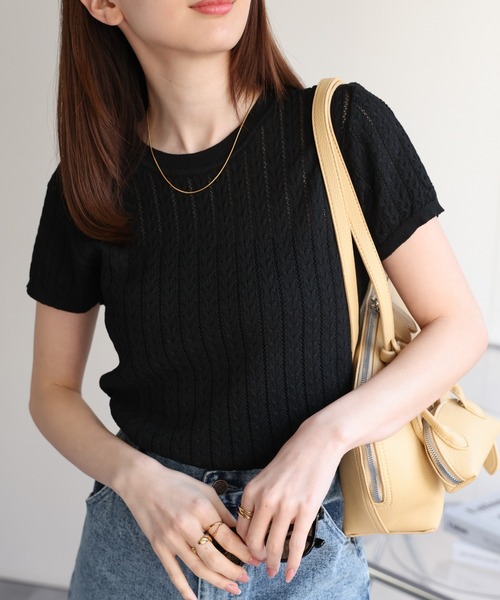 ネイビー ケーブル編み 半袖ニット sakishimatokyo ニット セーター ケーブル編み半袖ニット レディース