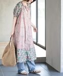 ワンピース 夏 半袖 プリント切替ノーカラーワ...の詳細画像4