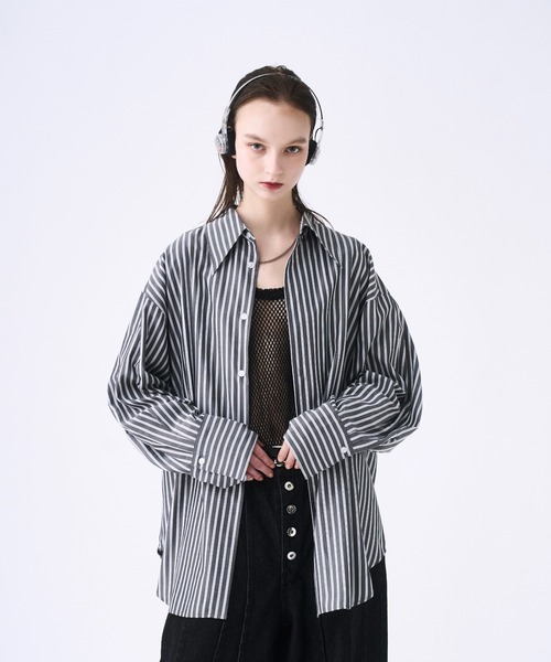 seyto セイト チュール レイヤード ストライプ シャツ L ブルー 3 シャツ Tulle layered striped shirt / チュールレイヤード