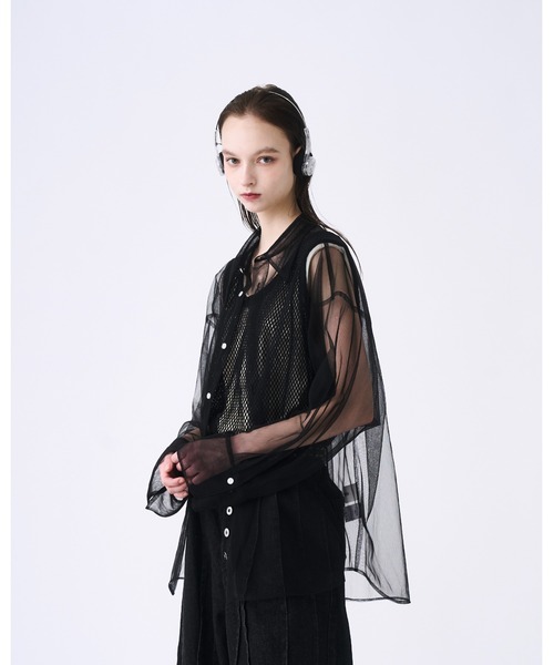 seyto セイト チュール レイヤード ストライプ シャツ L ブルー 3 Tulle layered striped shirt / チュールレイヤードストライプ