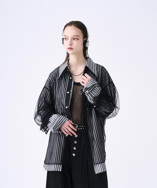 seyto セイト チュール レイヤード ストライプ シャツ L ブルー 3 seyto（セイト）の「Tulle layered striped shirt / チュール
