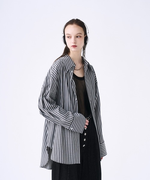 seyto セイト チュール レイヤード ストライプ シャツ L ブルー 3 Tulle layered striped shirt / チュールレイヤードストライプ