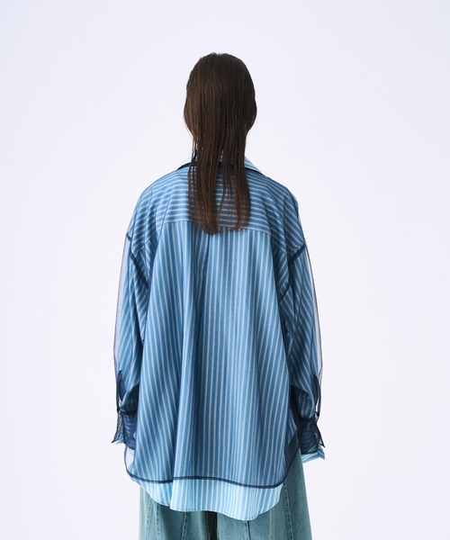 seyto セイト チュール レイヤード ストライプ シャツ L ブルー 3 シャツ Tulle layered striped shirt / チュールレイヤード