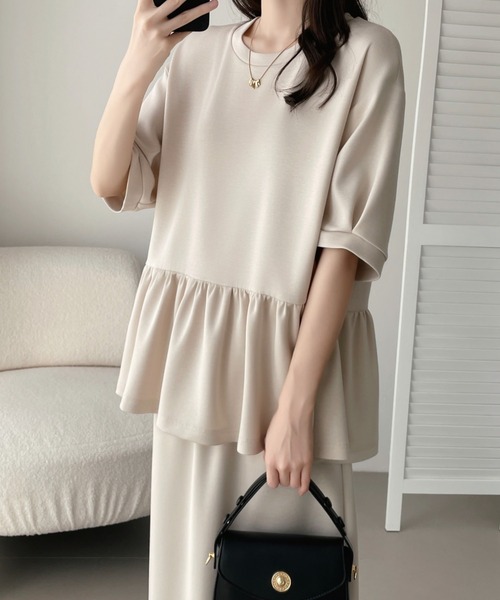 uni's room■3color ペプラムフリルセットアップ ST-SS25-07 ABITOKYO セットアップ ペプラムフリルダンボールセットアップ